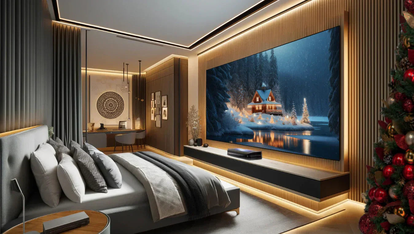Ein modernes, luxuriöses Schlafzimmer mit warmem Ambiente zeigt einen Ultrakurzdistanz-Beamer (UST) auf einem Sideboard, der ein gemütliches Winterhütten-Motiv auf eine große Leinwand an der Wand projiziert, ideal für platzsparende Filmabende im Bett.