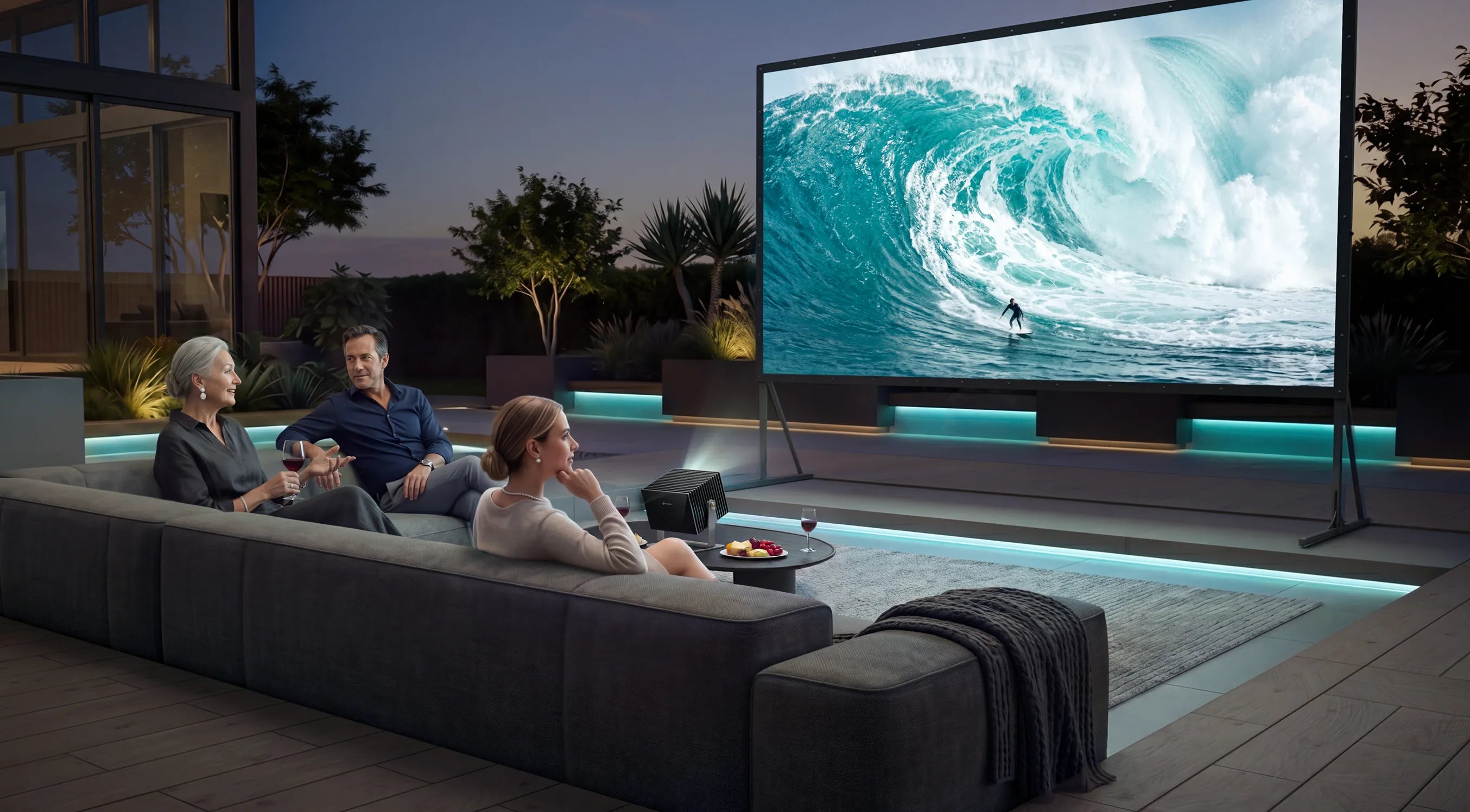 AWOL Vision Outdoor Heimkino Setup mit Projektor und mobiler Leinwand für gemeinsame Filmabende.
