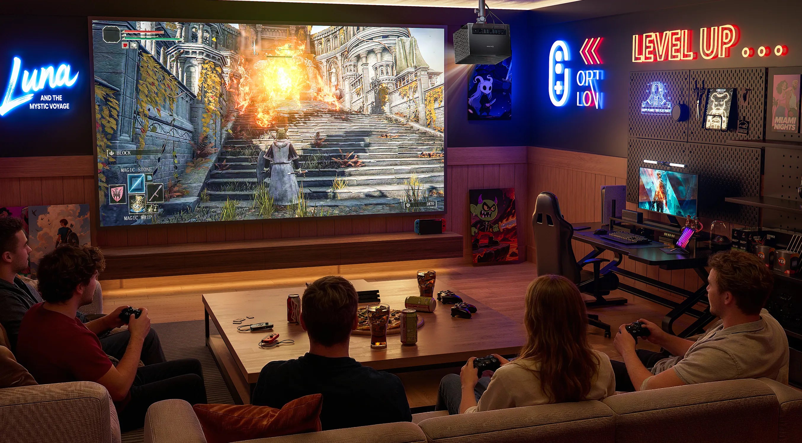 AWOL Vision Heimkino Projektor im Gaming Raum für actionreiche Spiele und Entertainment auf großem Bildschirm.

