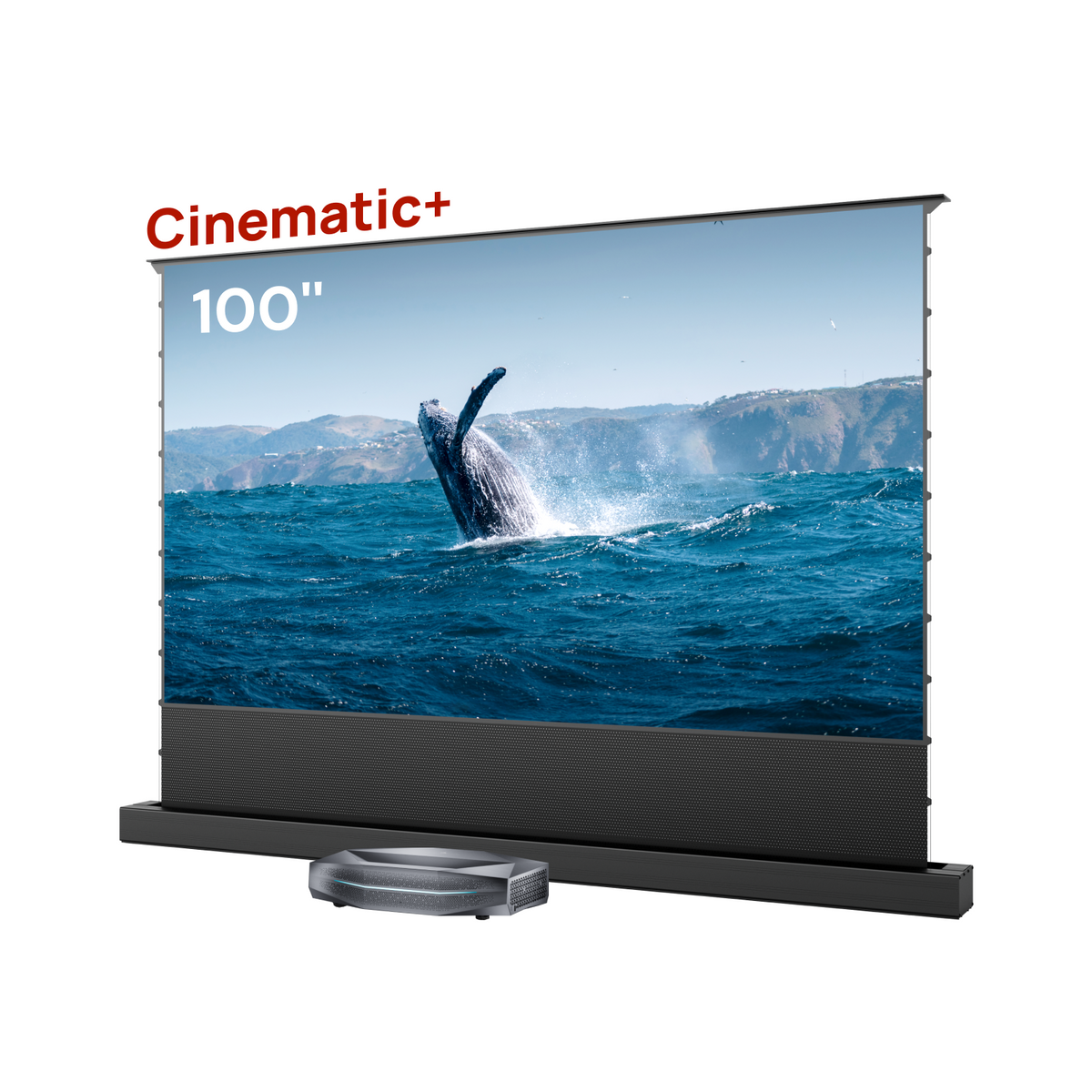 Mit der 100-Zoll Cinematic+ motorisierten Bodenleinwand liefert Aetherion Pro ein großes, helles Bild.