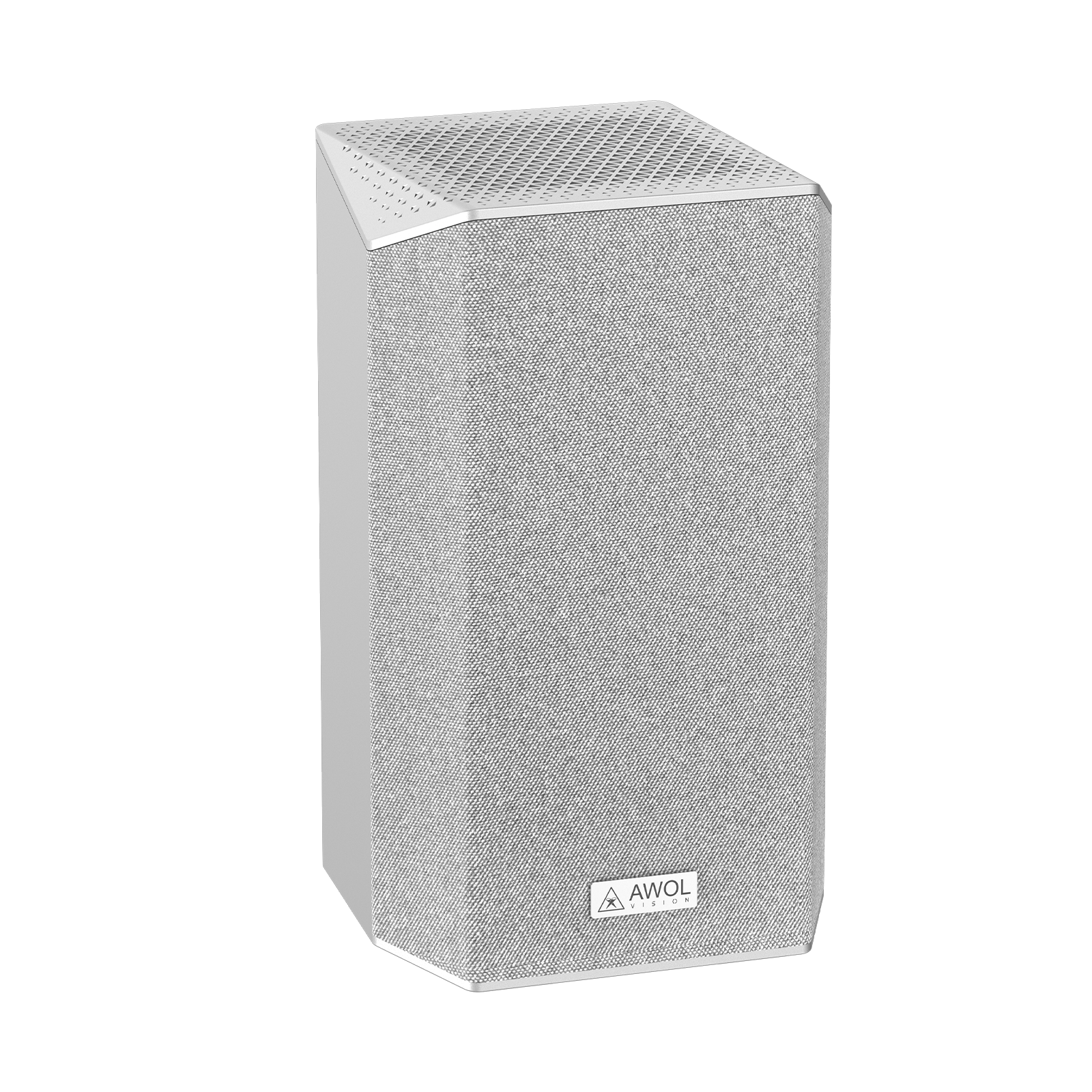 AWOL Vision kabelloser Beamer Lautsprecher mit stoffbezogenem Gehäuse als Teil eines eleganten Surround‑Sound‑Systems für Ihr Heimkino.