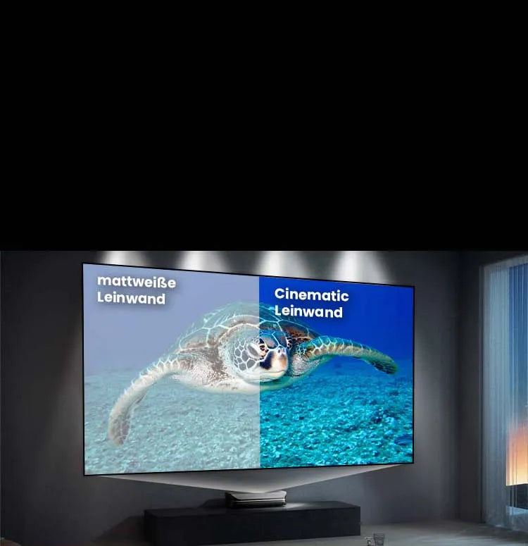 AWOL Vision Cinematic Leinwand mit 0.6 dB Gain für UST-Projektoren im Vergleich zu mattweißer Leinwand.