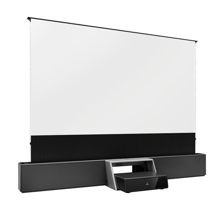 AWOL Vision Smart Station – Laser TV Möbel mit Laser TV und ALR-Leinwand für 120-Zoll-Heimkino.