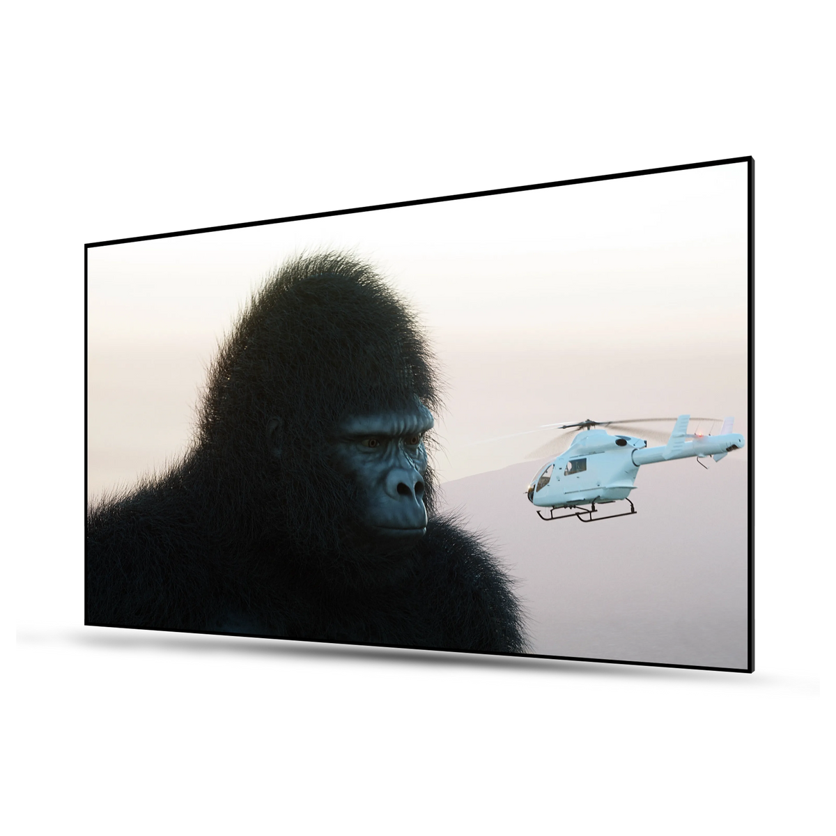 Große weiße Leinwand mit Gorilla-Szene – realistische 4K-Darstellung auf mattweißer Projektionsfläche.