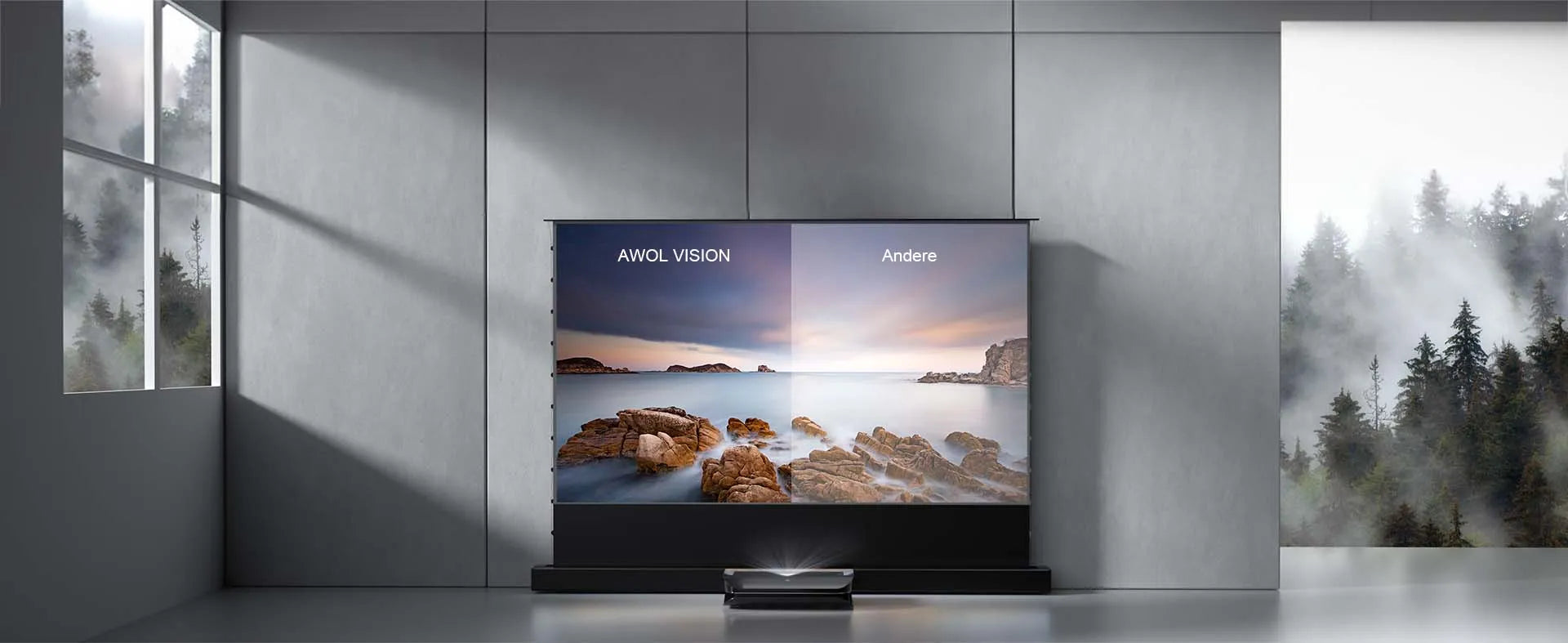 AWOL Vision ALR Leinwand reflektiert 95 Prozent Deckenlicht für verbesserte Bildqualität.