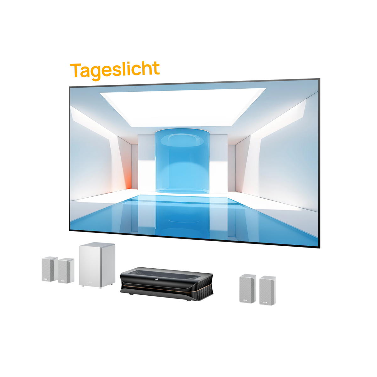 AWOL Theater 3000S mit Tageslicht Fresnel ALR Leinwand und ThunderBeat Surround-Sound-System in heller Wohnumgebung.