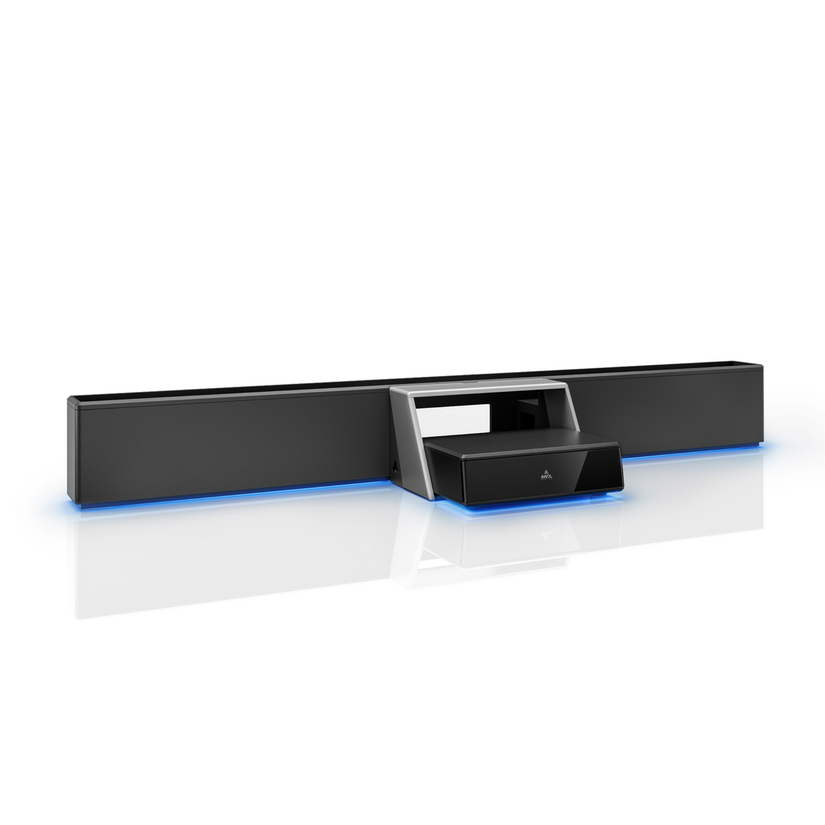 AWOL Vision Smart Station – freistehendes Laser TV Möbel mit LED-Ambientebeleuchtung in Blau.