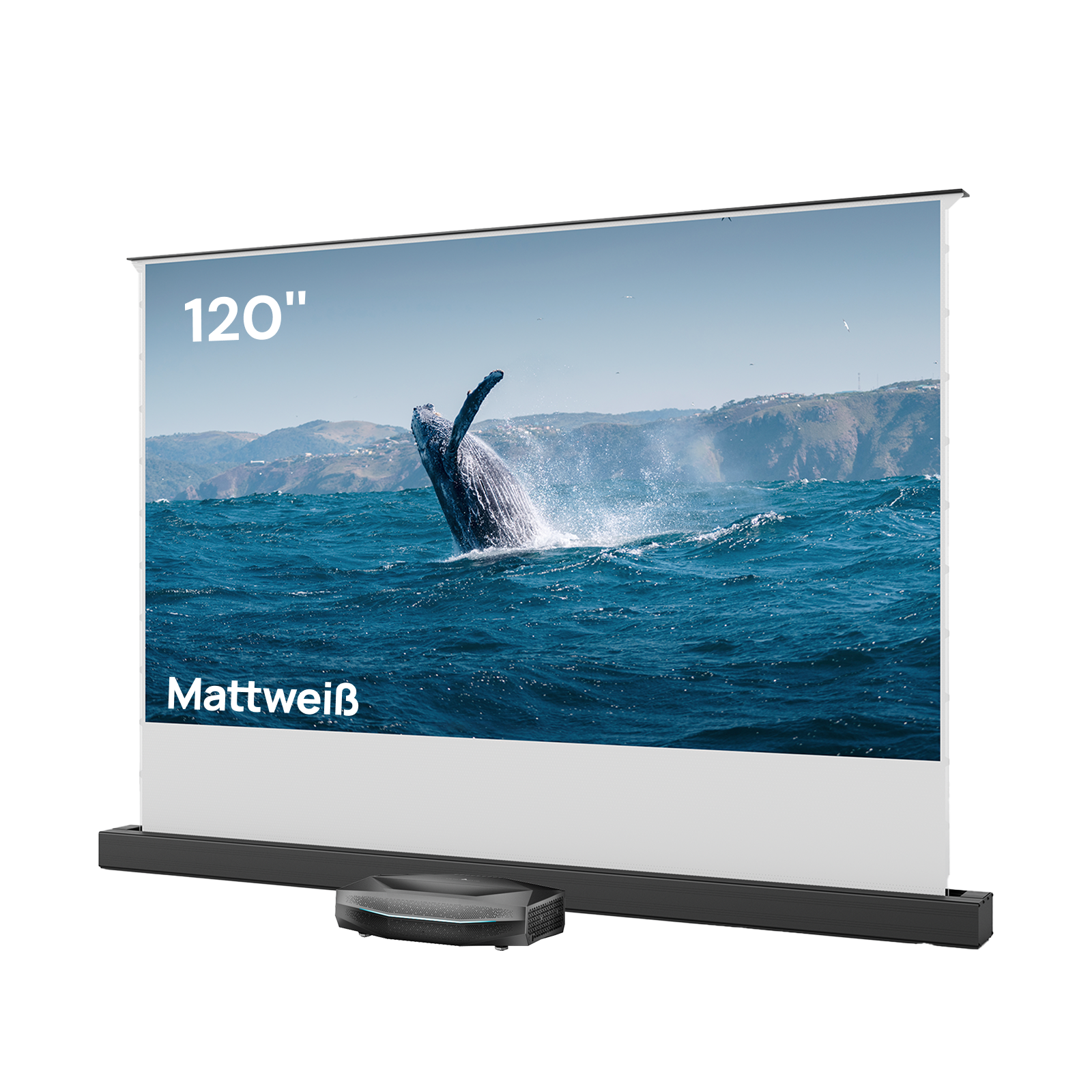 Die 120-Zoll mattweiße bodenaufsteigende Leinwand mit Aetherion Pro bringt ein immersives Großbild-Erlebnis nach Hause.
