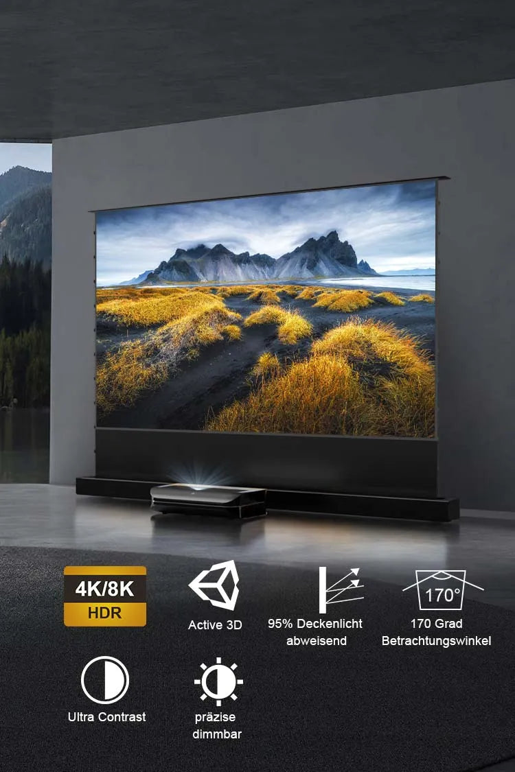 AWOL Vision 120 Zoll Cinematic ALR beamer leinwand elektrisch mit Landschaftsprojektion in 4K.
