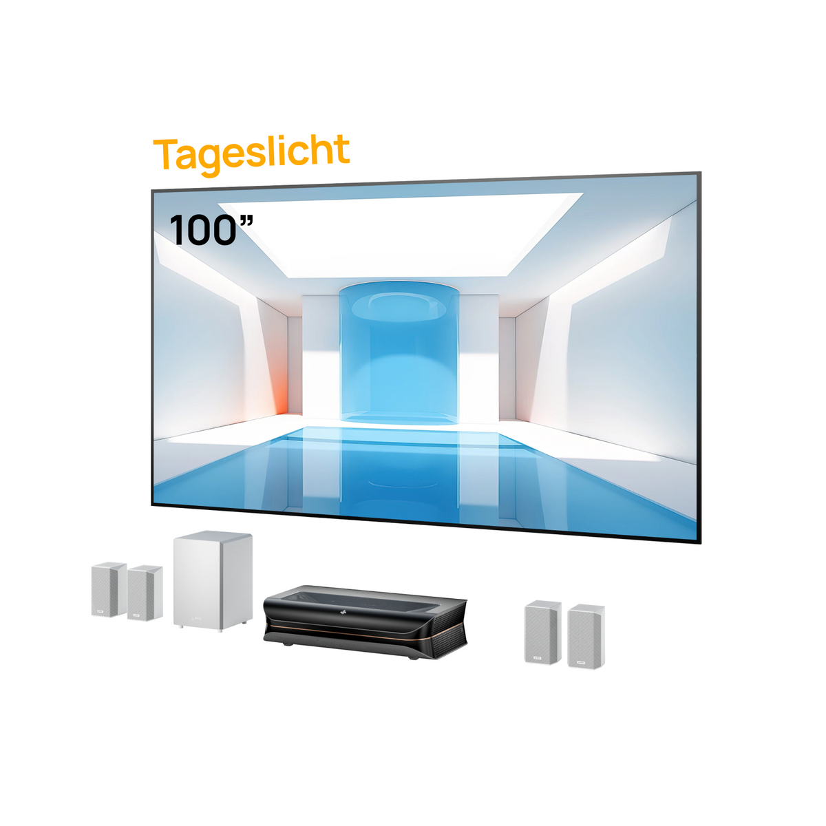 AWOL Theater 3000S mit 100-Zoll Tageslicht Fresnel ALR Leinwand und ThunderBeat Lautsprechersystem.