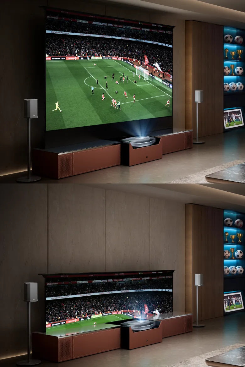 Motorisierte bodenaufsteigende Leinwand mit AWOL Vision Beamer für Fußball Spieltag und dezentes Wohnzimmer Setup.