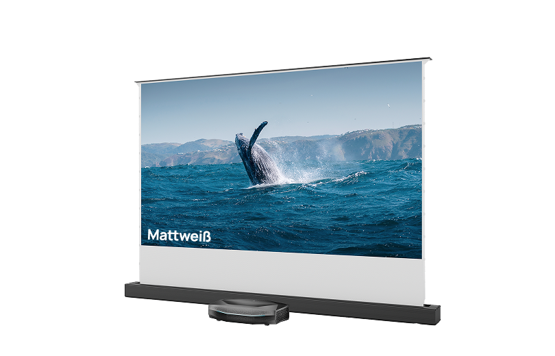 Aetherion Pro mit mattweißer bodenaufsteigender Leinwand zeigt ein helles Naturbild für ein flexibles Heimkino-Setup.
