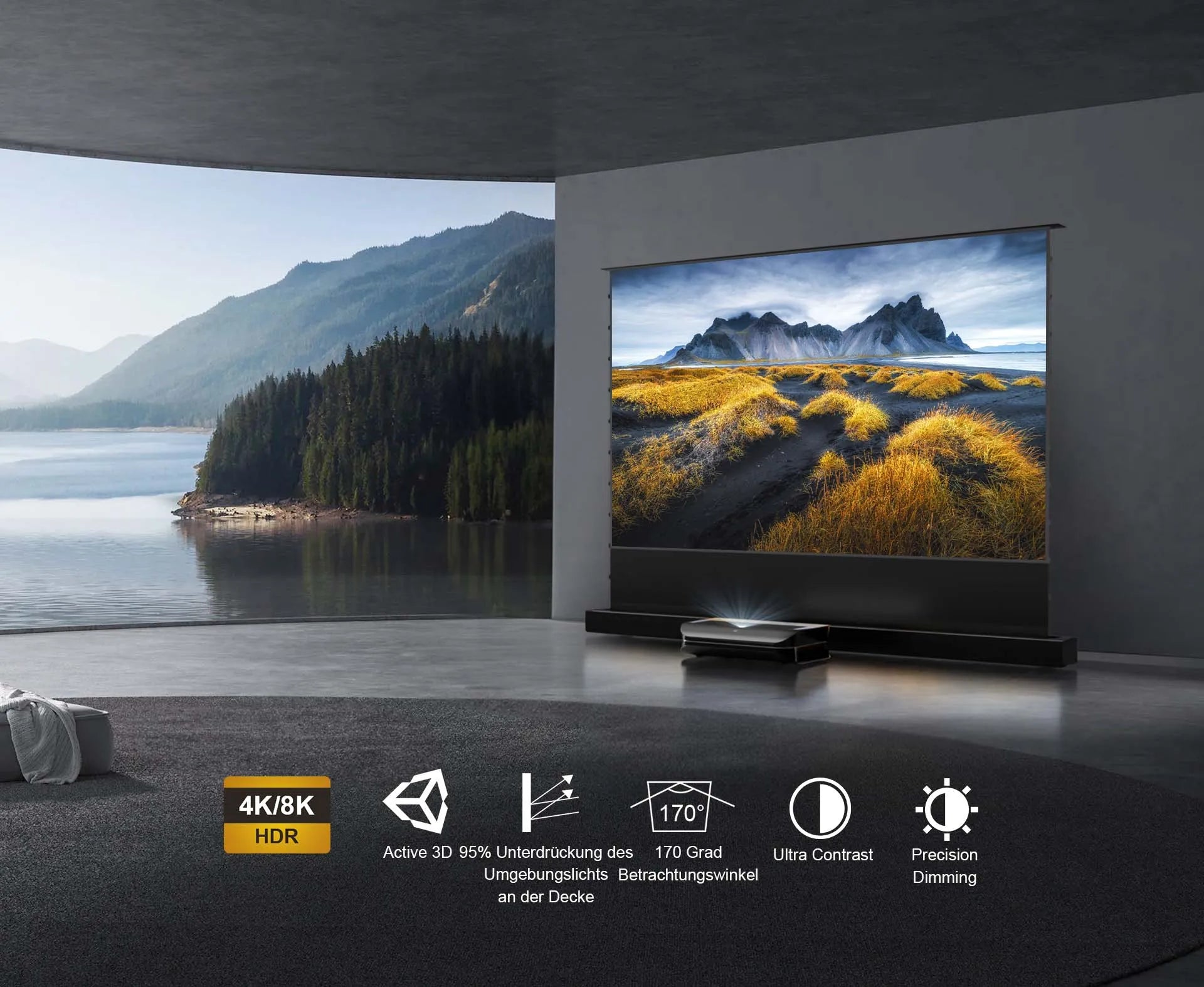 AWOL Vision 120 Zoll Cinematic ALR beamer leinwand elektrisch mit Landschaftsprojektion in 4K.