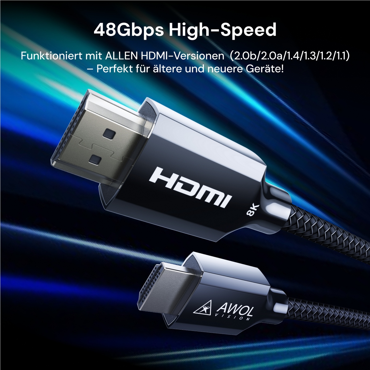HDMI-Kabel 8K mit 48Gbps High-Speed – kompatibel mit allen HDMI-Versionen für Beamer und Fernseher.