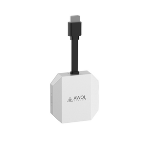 AWOL Vision kabelloser HDMI-Dongle in Weiß zur Integration von Beamer Lautsprechern ins Surround‑Sound‑System.