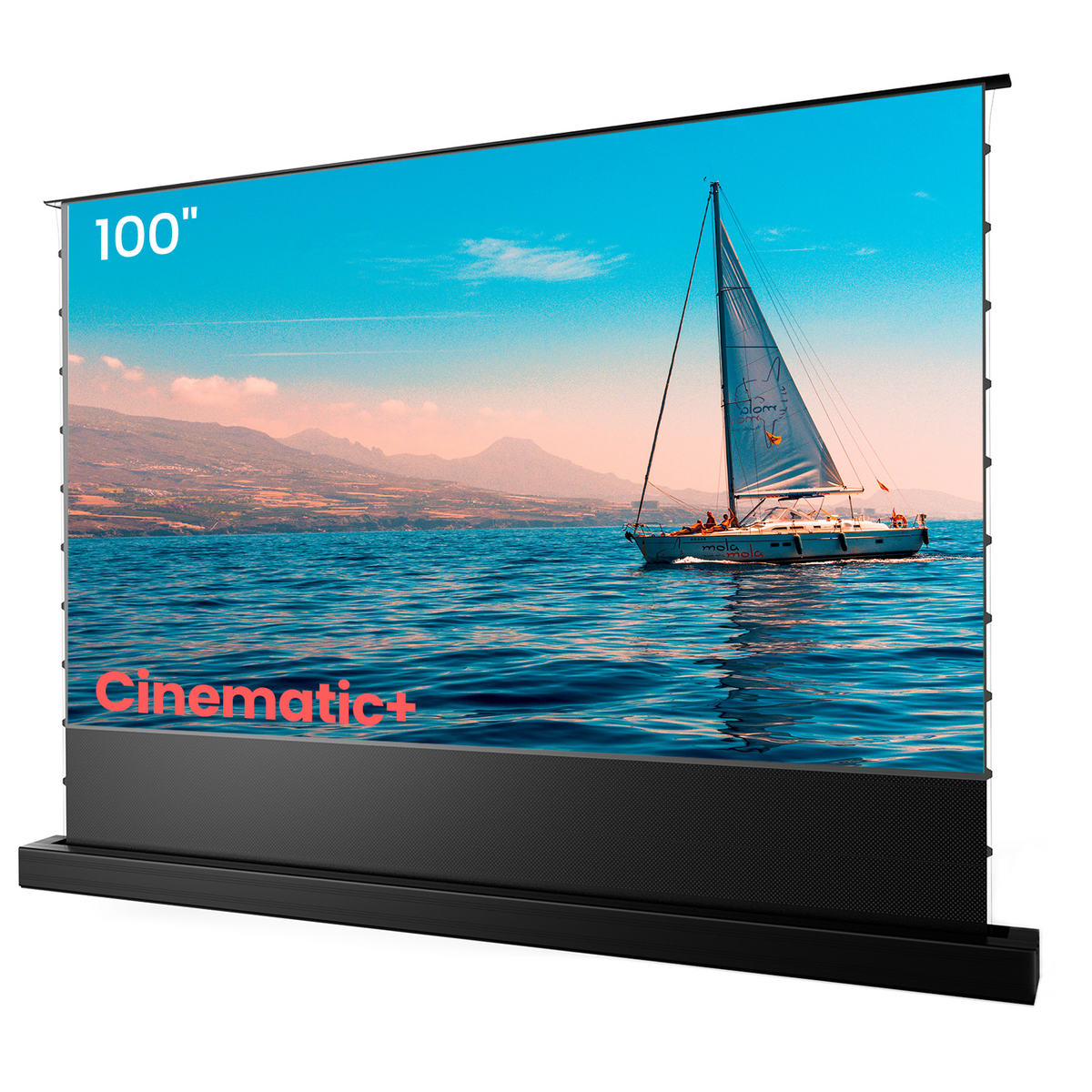 AWOL Vision Cinematic+ 100 Zoll aufsteigende alr beamer leinwand elektrisch mit klarem Wassermotiv.