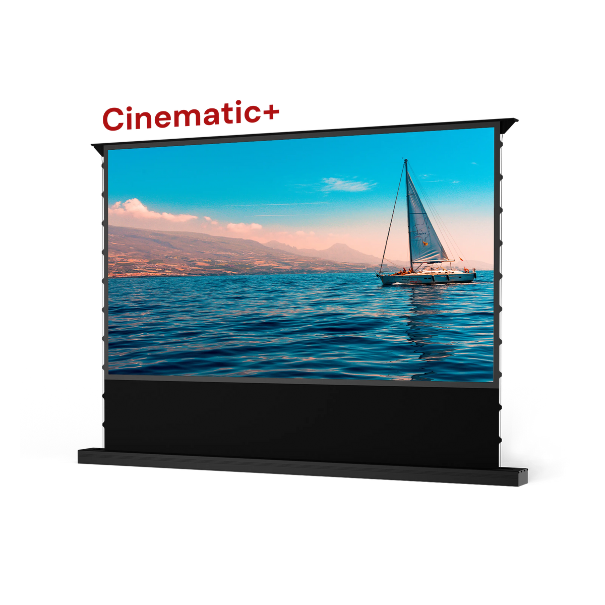 AWOL Vision Cinematic+ 100 Zoll alr beamer leinwand elektrisch mit Segelboot-Motiv bei Tageslicht.